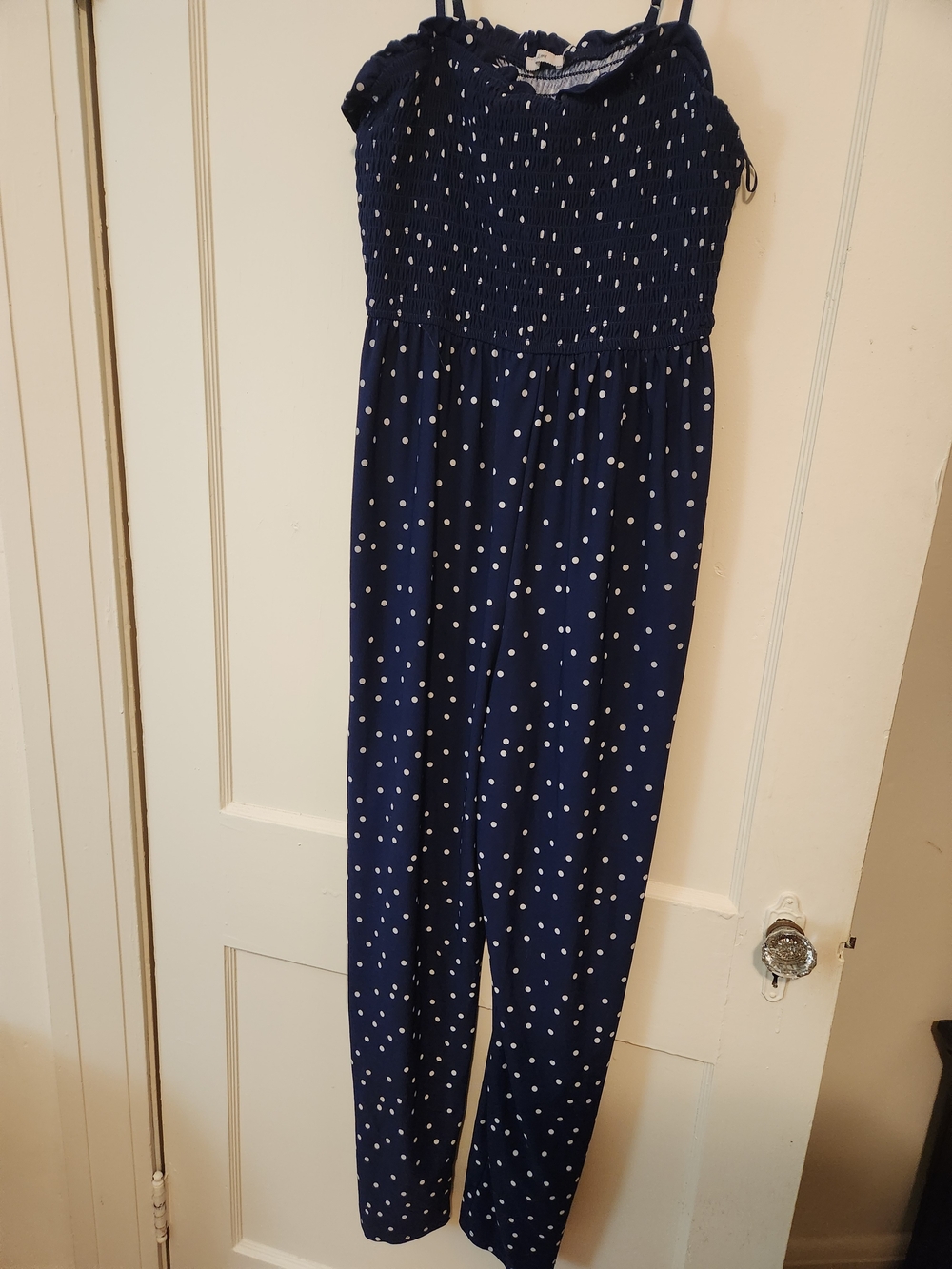 Milli XL Navy White Polka Dot Smocked Wide Leg Jumpsuit
